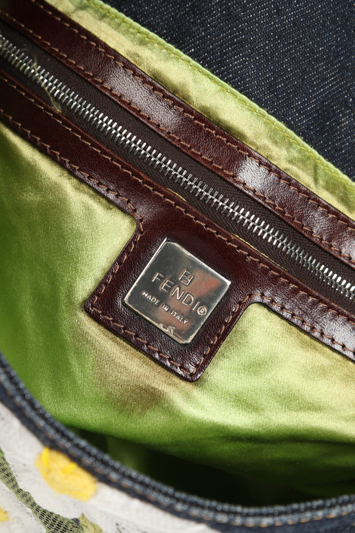 Vintage Fendi Denim Mamma Baguette with Mesh Flower Appliqué