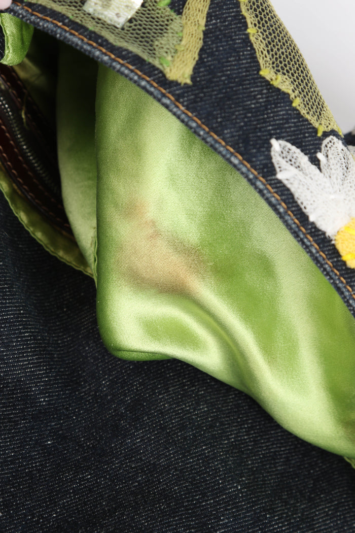 Vintage Fendi Denim Mamma Baguette with Mesh Flower Appliqué