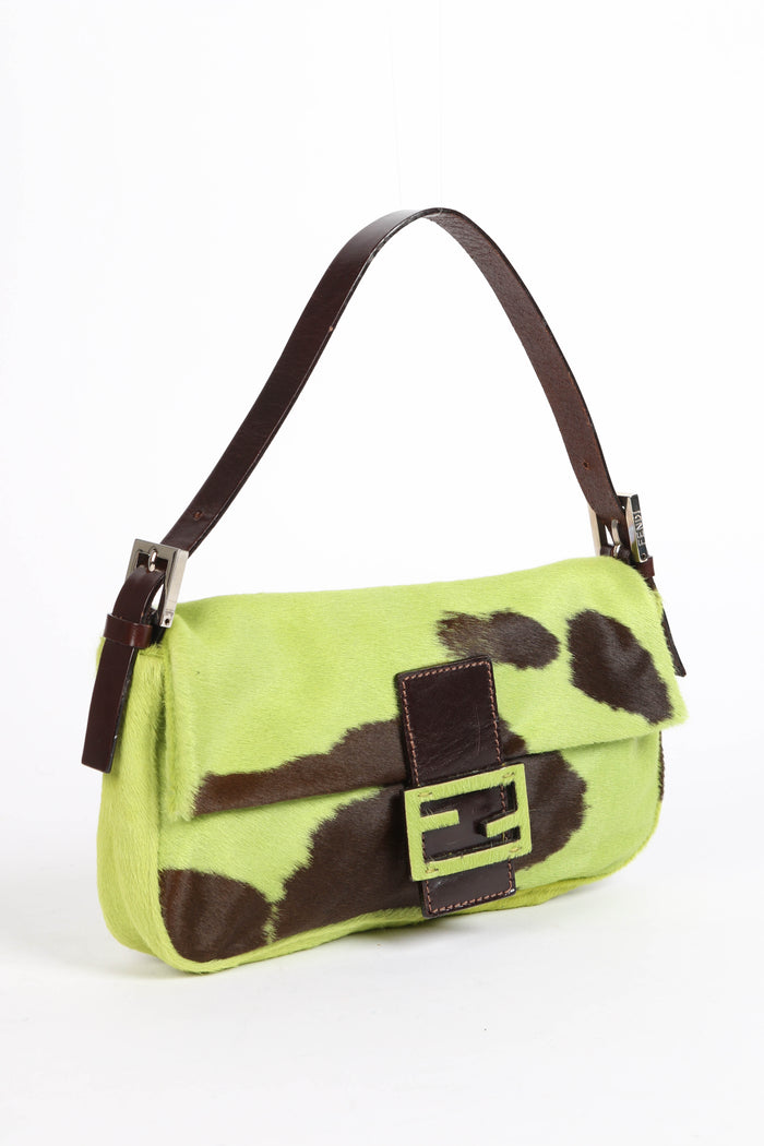 SUPER RARE Fendi Green Cow Print Pony Hair Baguette Shoulder Bag