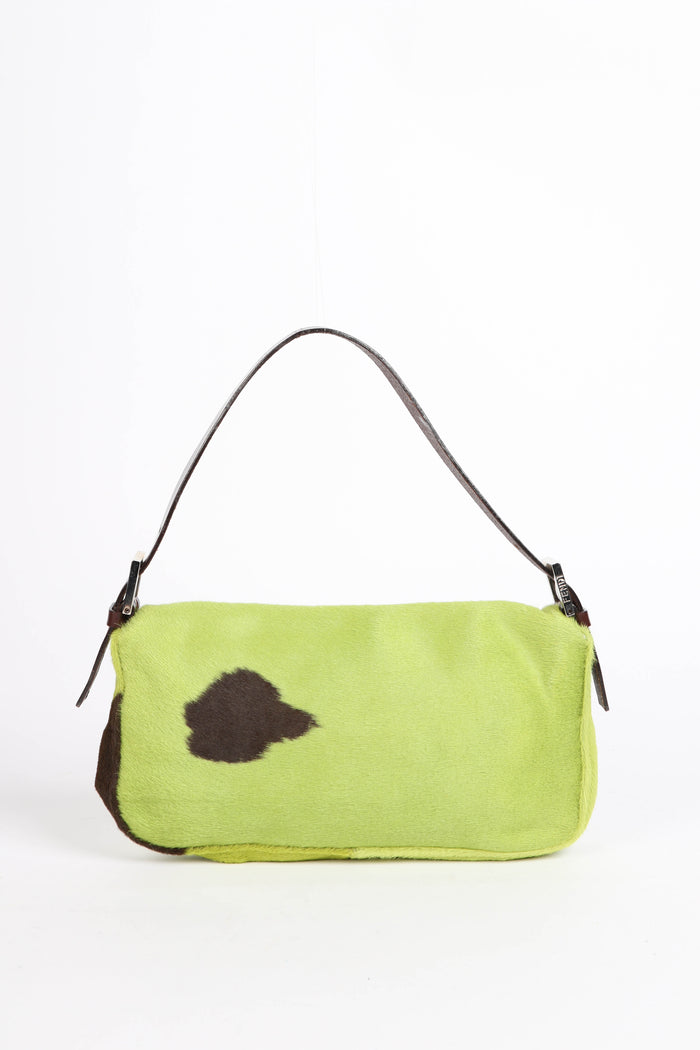 SUPER RARE Fendi Green Cow Print Pony Hair Baguette Shoulder Bag