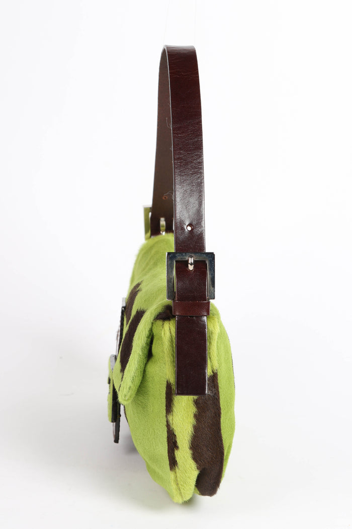 SUPER RARE Fendi Green Cow Print Pony Hair Baguette Shoulder Bag