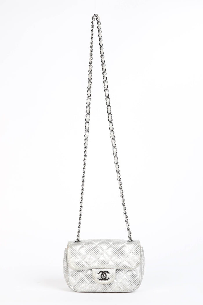 2010s Chanel Silver Perforated Leather Mini Square Single Flap Bag