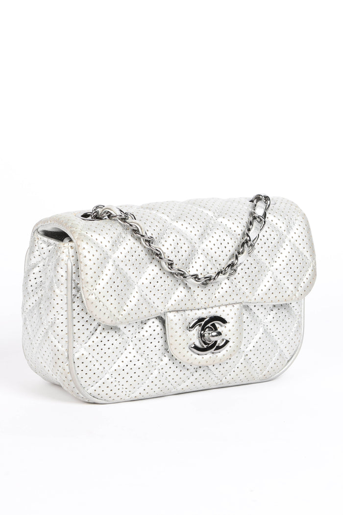 2010s Chanel Silver Perforated Leather Mini Square Single Flap Bag