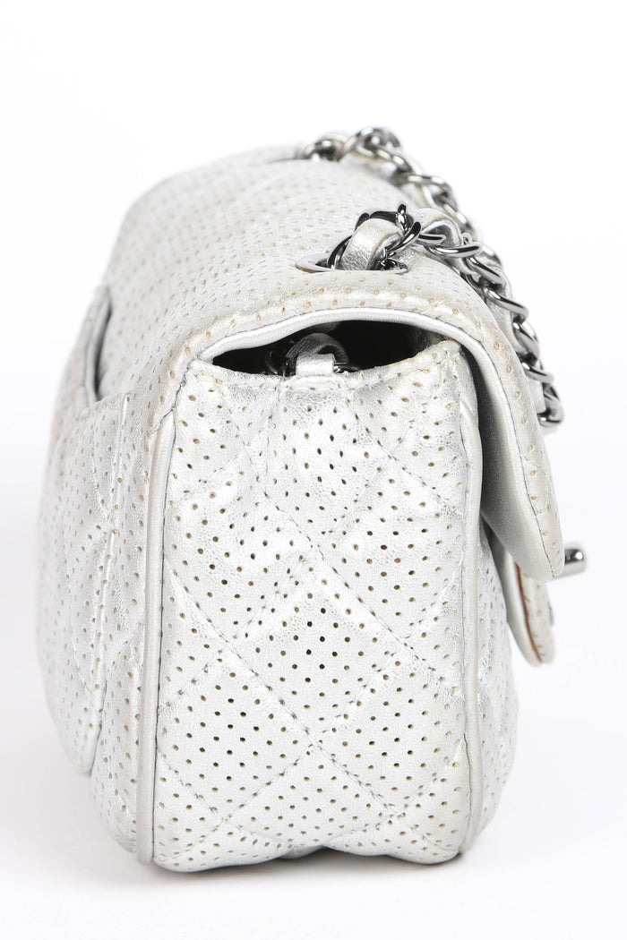 2010s Chanel Silver Perforated Leather Mini Square Single Flap Bag