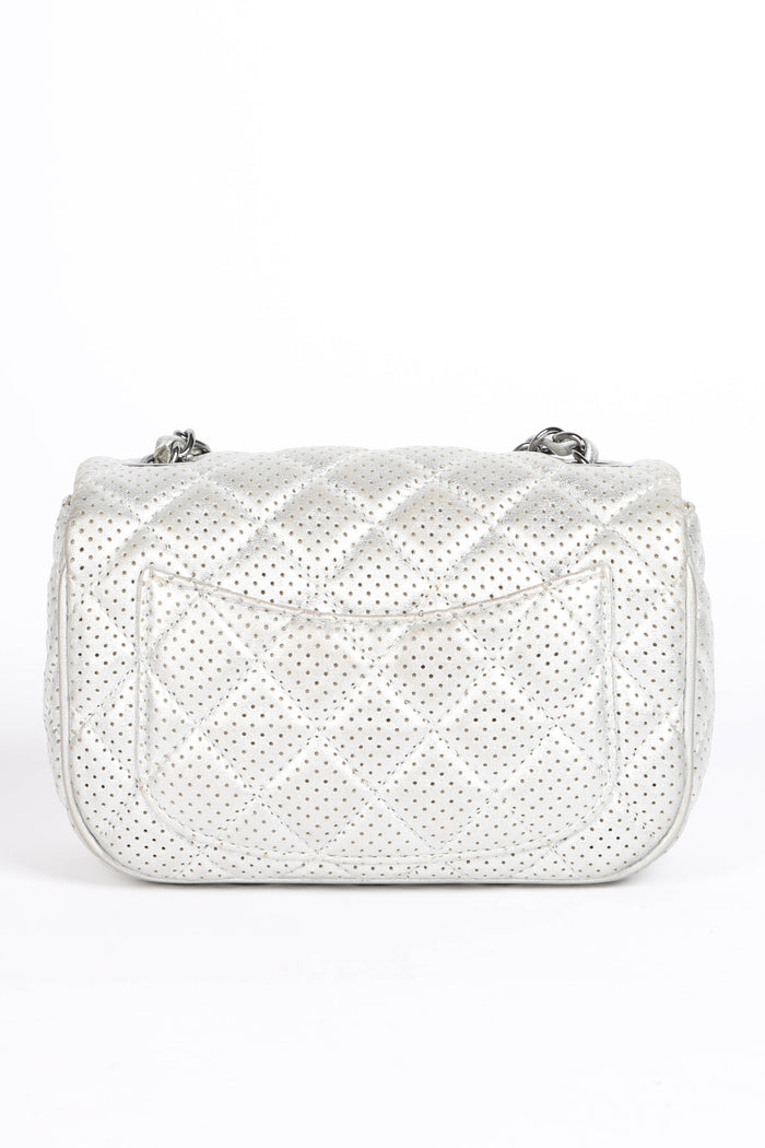 2010s Chanel Silver Perforated Leather Mini Square Single Flap Bag