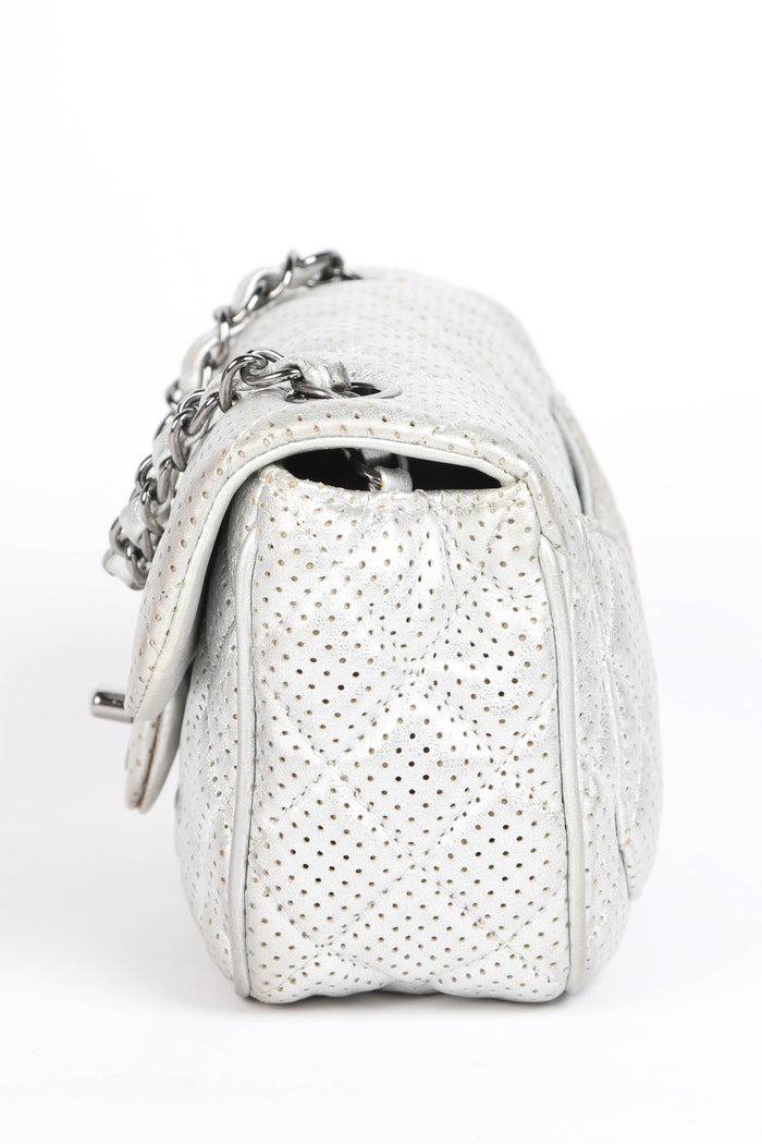 2010s Chanel Silver Perforated Leather Mini Square Single Flap Bag