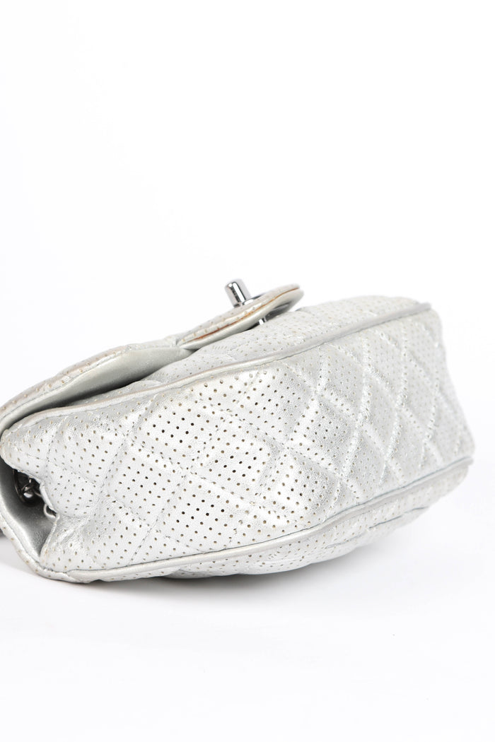 2010s Chanel Silver Perforated Leather Mini Square Single Flap Bag