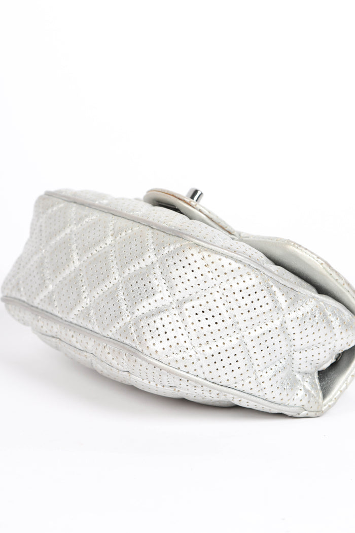 2010s Chanel Silver Perforated Leather Mini Square Single Flap Bag