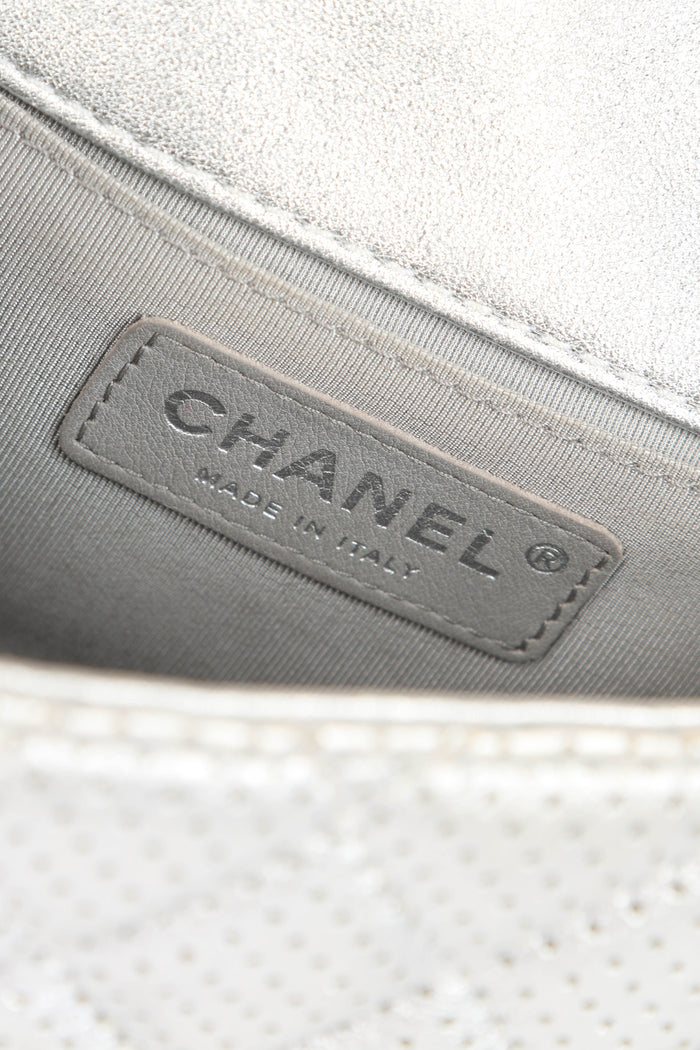 2010s Chanel Silver Perforated Leather Mini Square Single Flap Bag