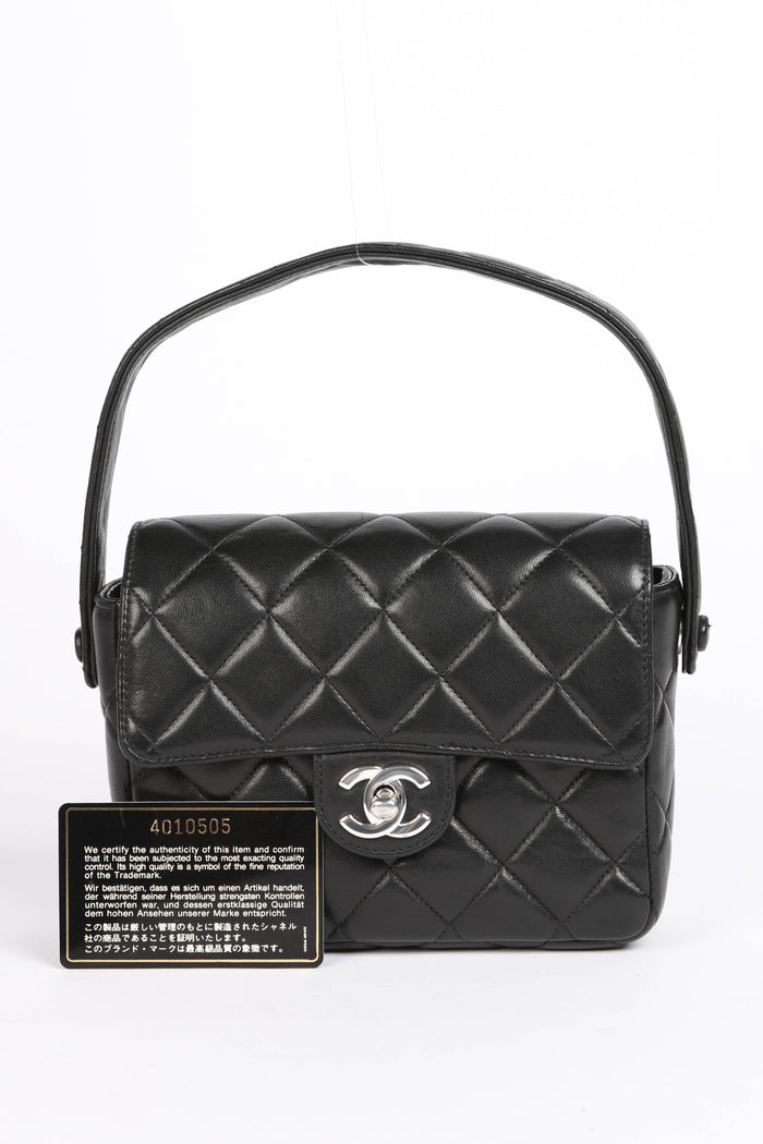 90s Chanel Black Lambskin Mini Square Top Handle Bag