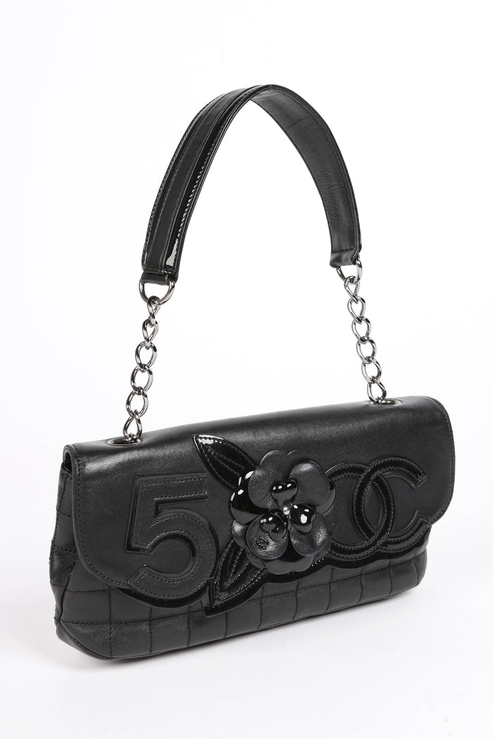 2000s Chanel Black Leather No.5 Camellia Single Flap Shoulder Bag