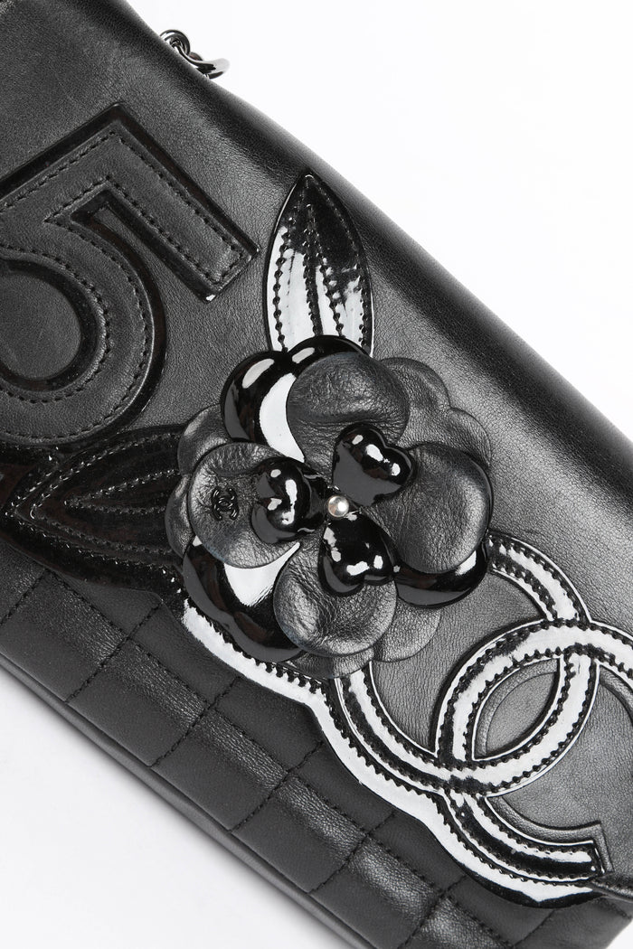2000s Chanel Black Leather No.5 Camellia Single Flap Shoulder Bag