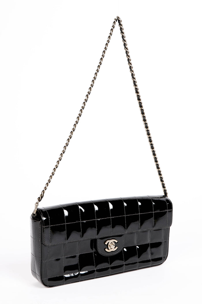 2000s Chanel Black Patent Leather East West Chocolate Bar Shoulder Bag