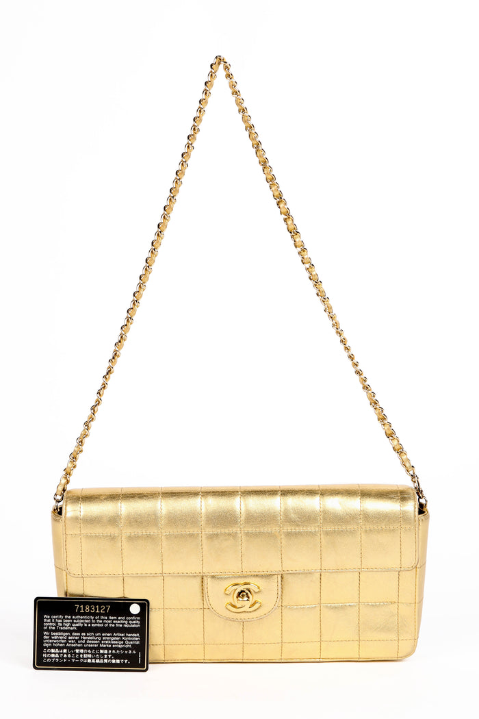 2000s Chanel Gold Lambskin Leather East West Chocolate Bar Shoulder Bag