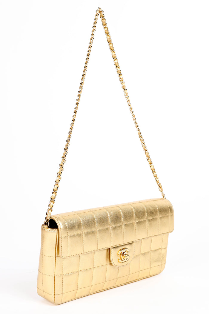 2000s Chanel Gold Lambskin Leather East West Chocolate Bar Shoulder Bag
