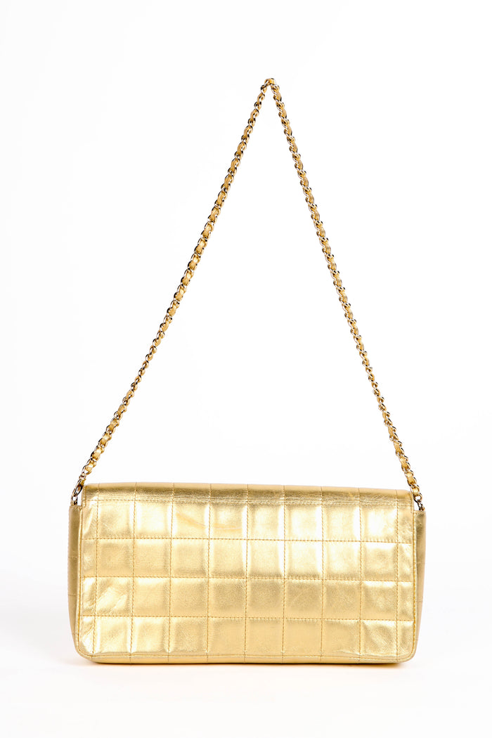 2000s Chanel Gold Lambskin Leather East West Chocolate Bar Shoulder Bag