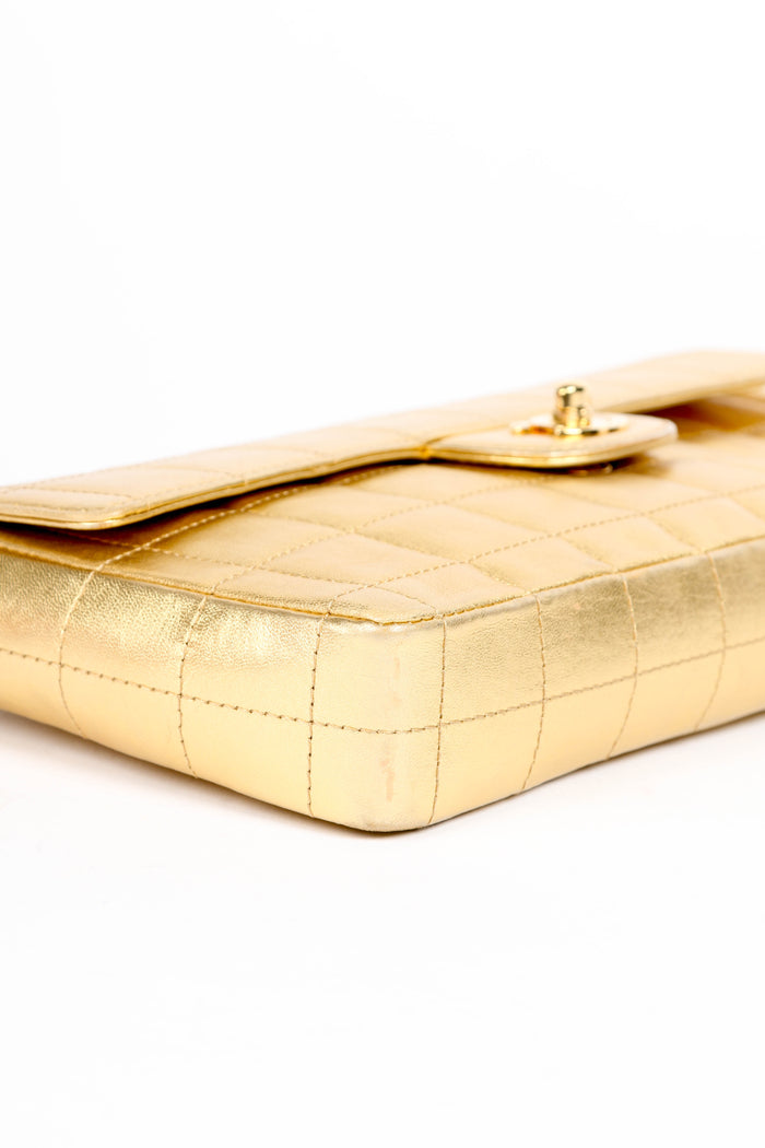 2000s Chanel Gold Lambskin Leather East West Chocolate Bar Shoulder Bag