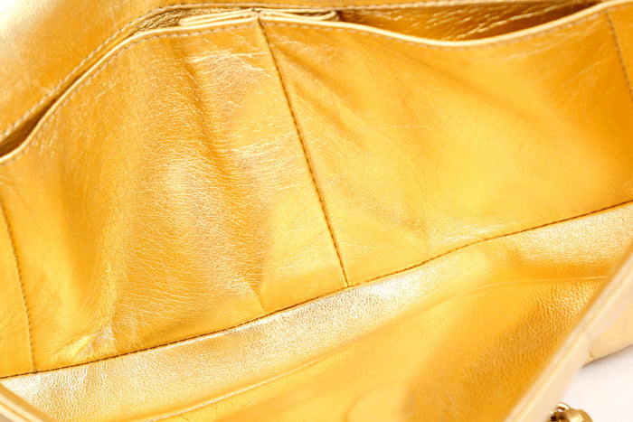 2000s Chanel Gold Lambskin Leather East West Chocolate Bar Shoulder Bag