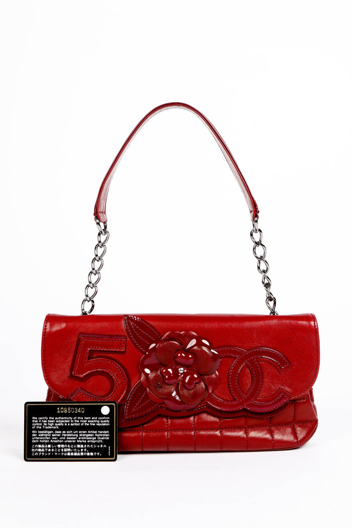 2000s Chanel Burgundy Leather No.5 Camellia Single Flap Shoulder Bag