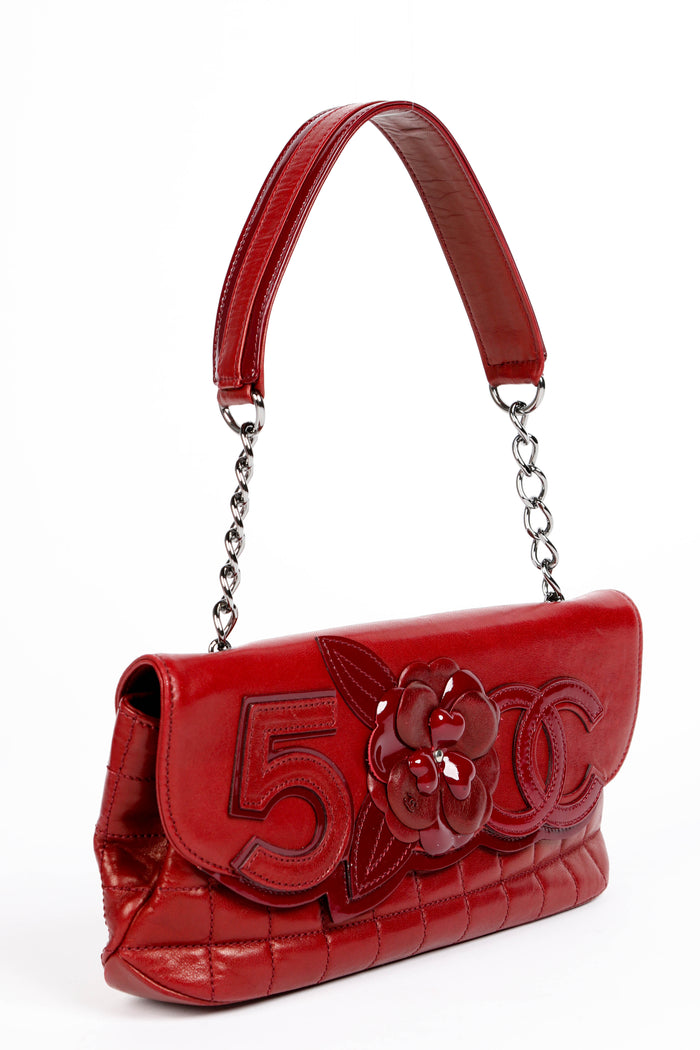 2000s Chanel Burgundy Leather No.5 Camellia Single Flap Shoulder Bag