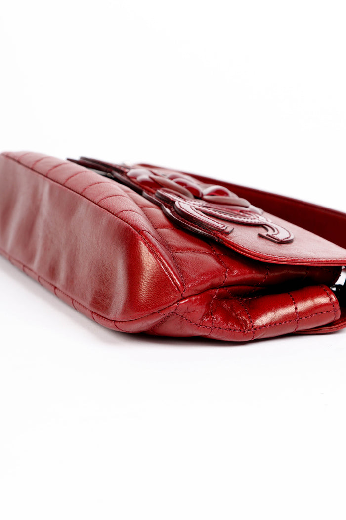 2000s Chanel Burgundy Leather No.5 Camellia Single Flap Shoulder Bag