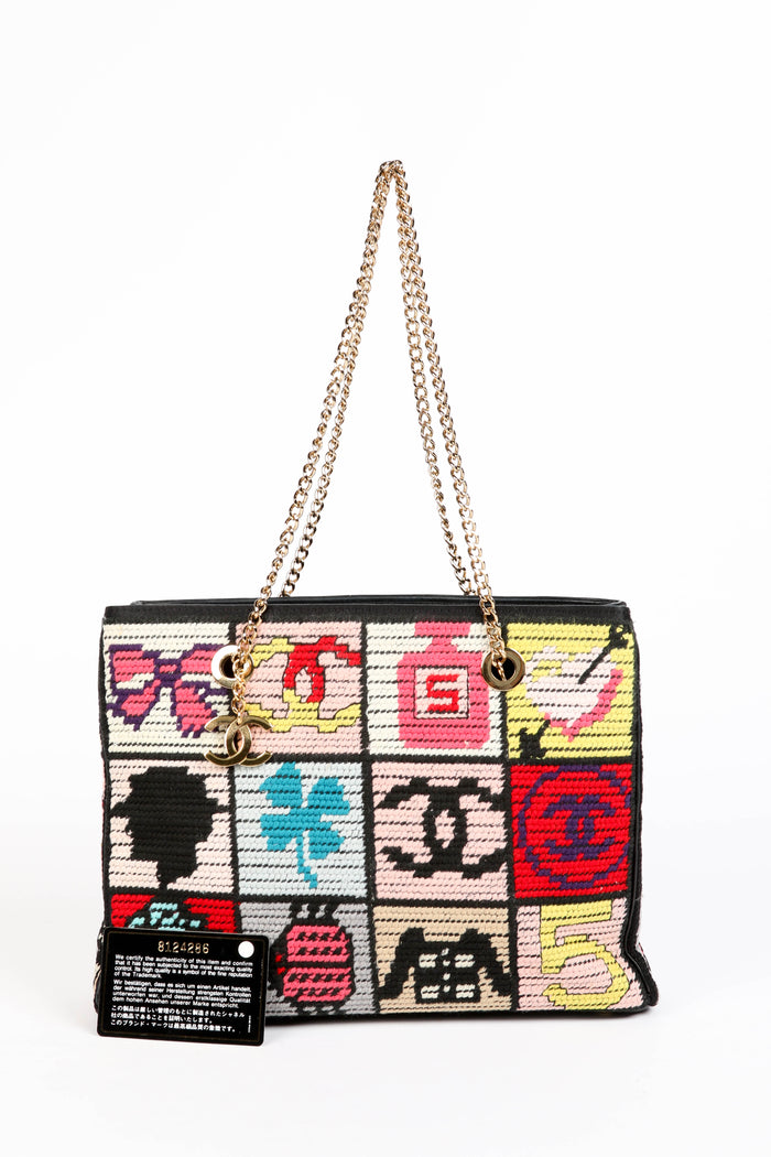 2000s Chanel Embroidered Multicolour Icon Shoulder Bag