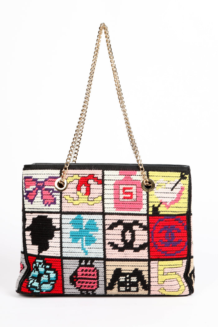 2000s Chanel Embroidered Multicolour Icon Shoulder Bag