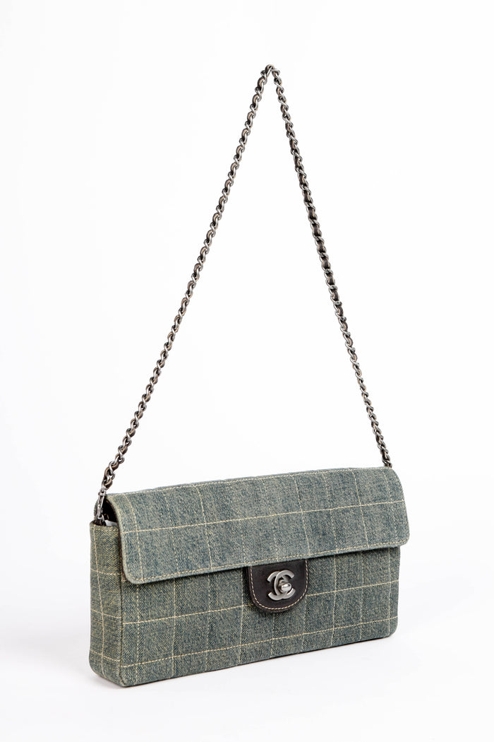 Vintage Chanel Denim Chocolate Bar East West Single Flap Shoulder Bag