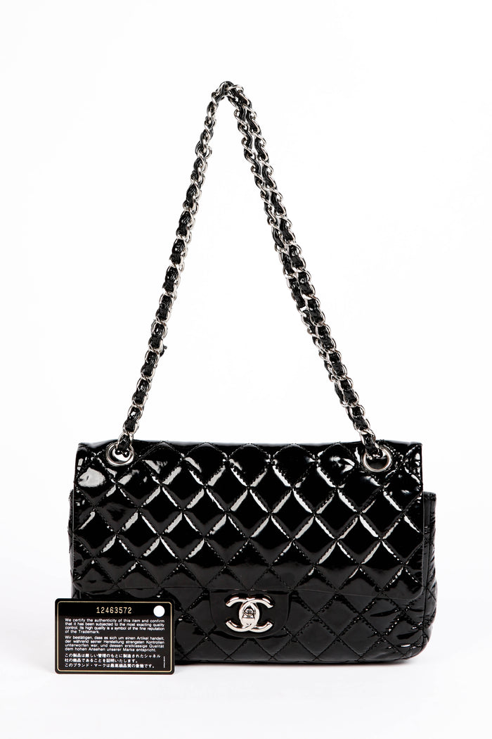 2000s Chanel Black Patent Leather Medium Double Flap Shoulder Bag