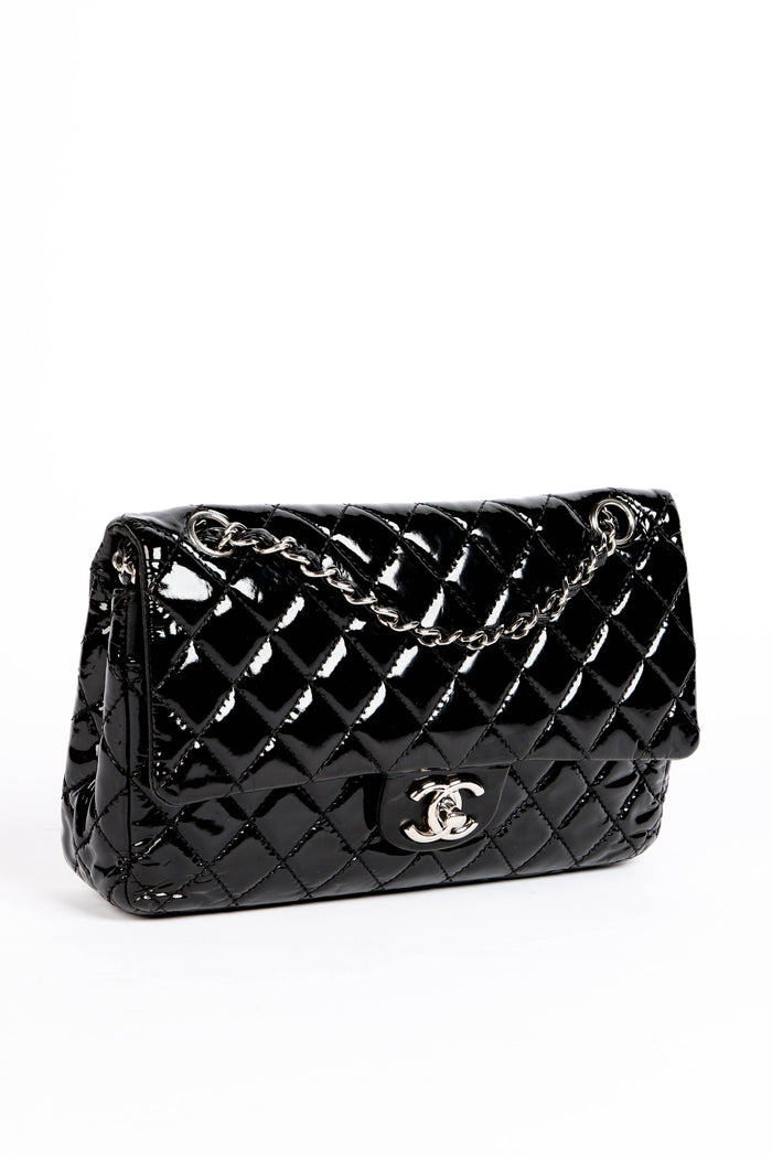 2000s Chanel Black Patent Leather Medium Double Flap Shoulder Bag