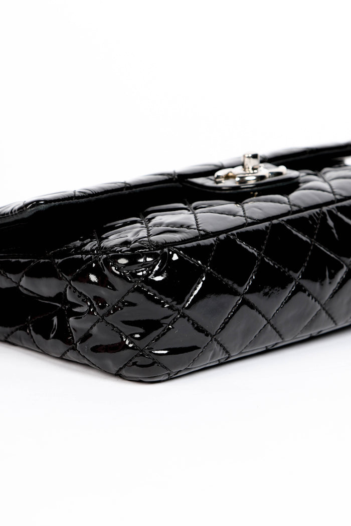 2000s Chanel Black Patent Leather Medium Double Flap Shoulder Bag