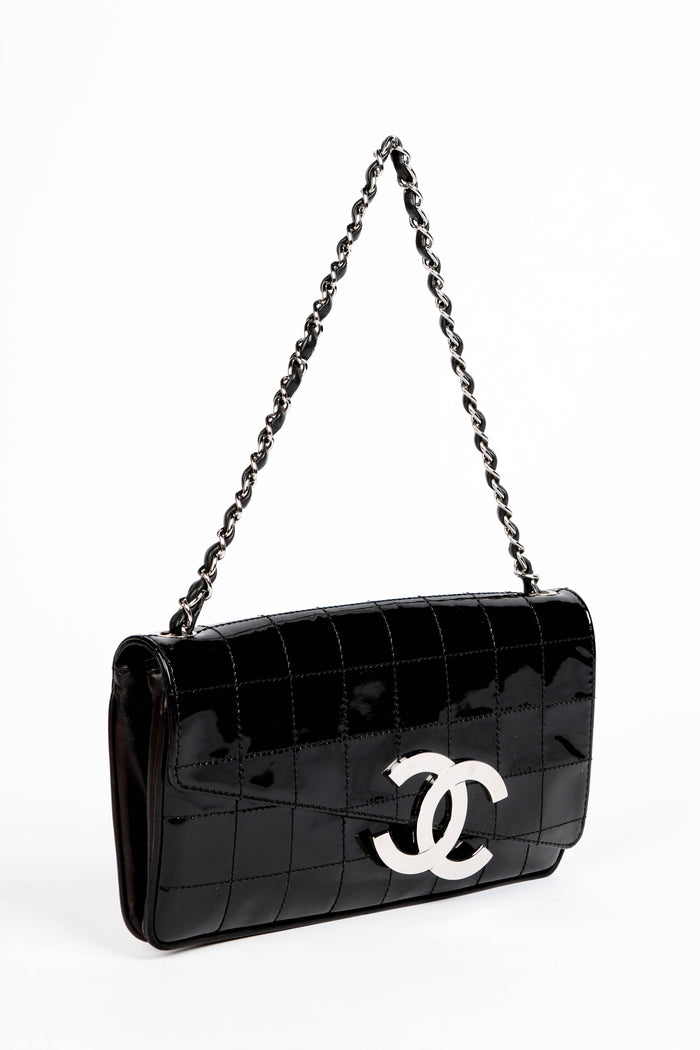 2000s Chanel Black Patent Leather Diagonal East West Chocolate Bar Flap Bag