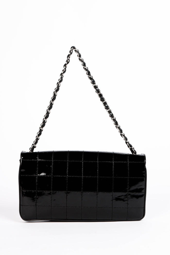 2000s Chanel Black Patent Leather Diagonal East West Chocolate Bar Flap Bag