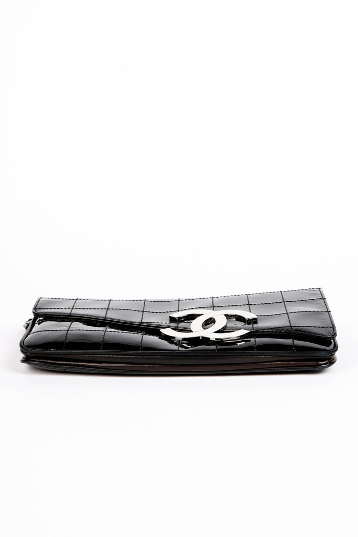 2000s Chanel Black Patent Leather Diagonal East West Chocolate Bar Flap Bag