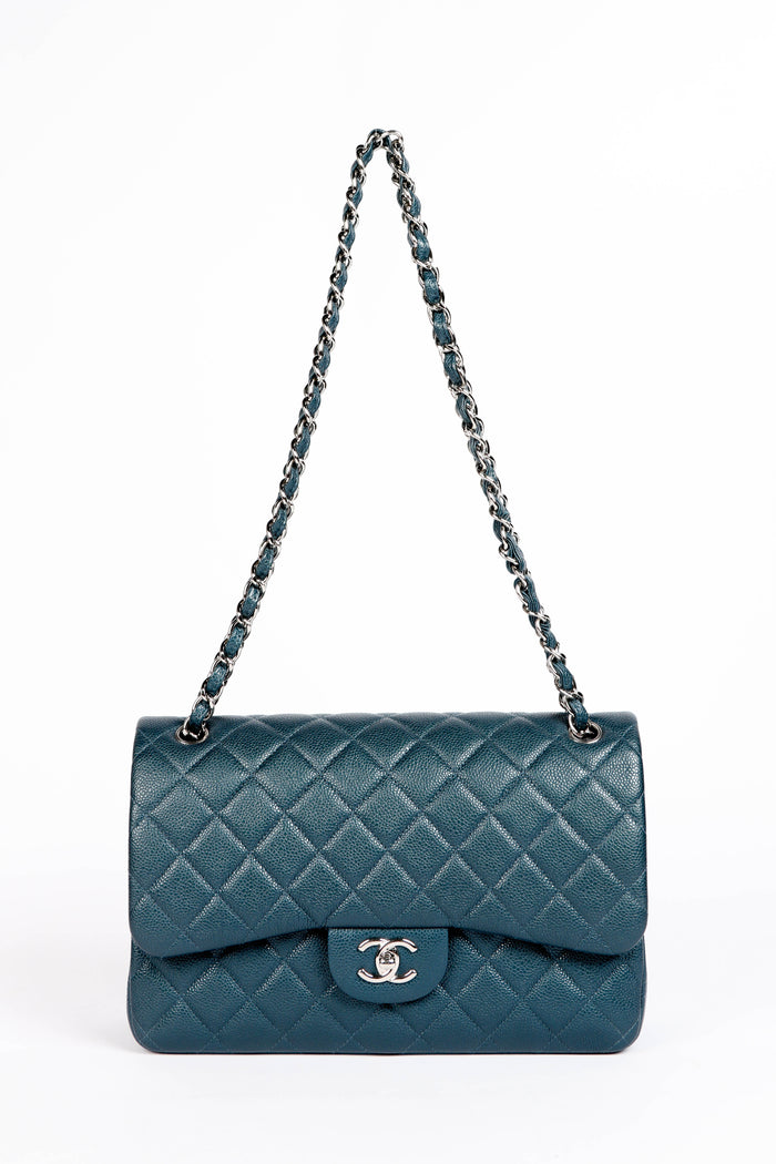 2010s Chanel Blue Caviar Leather Jumbo Double Flap Shoulder Bag