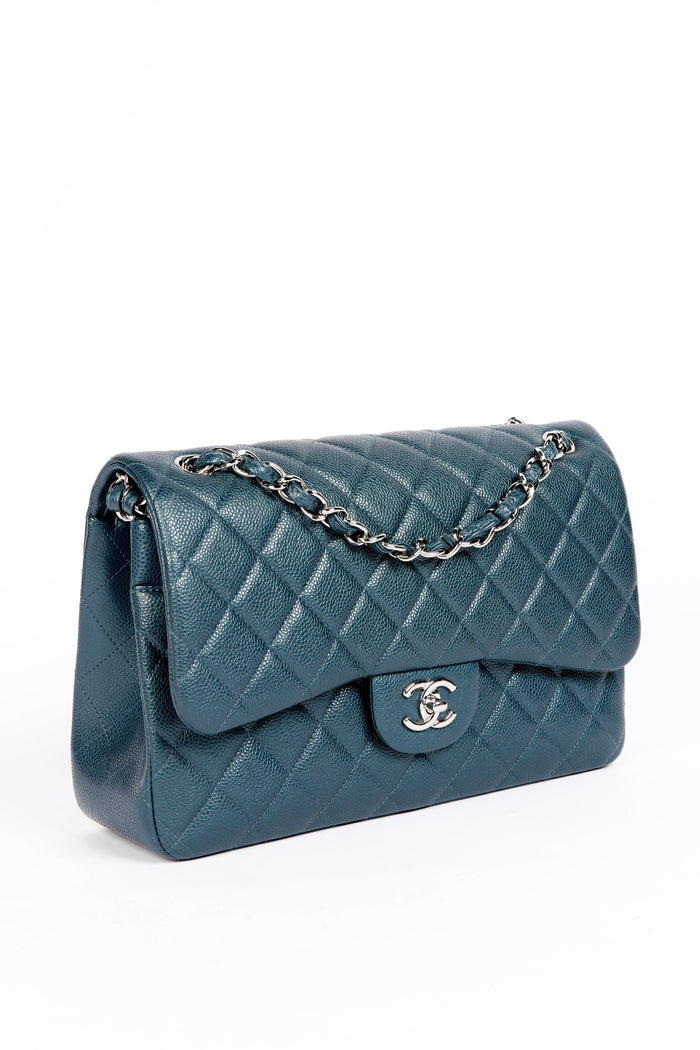2010s Chanel Blue Caviar Leather Jumbo Double Flap Shoulder Bag