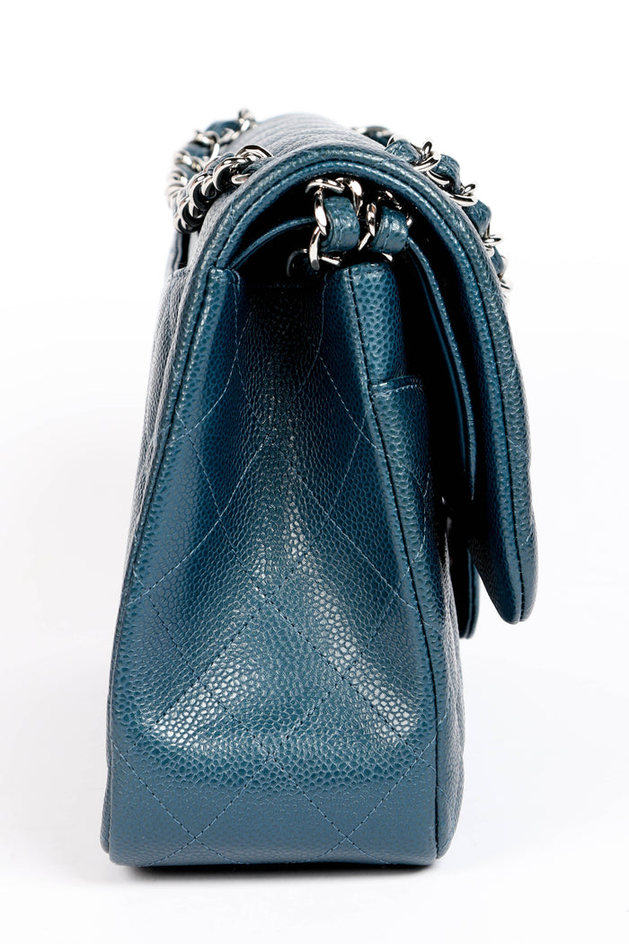 2010s Chanel Blue Caviar Leather Jumbo Double Flap Shoulder Bag