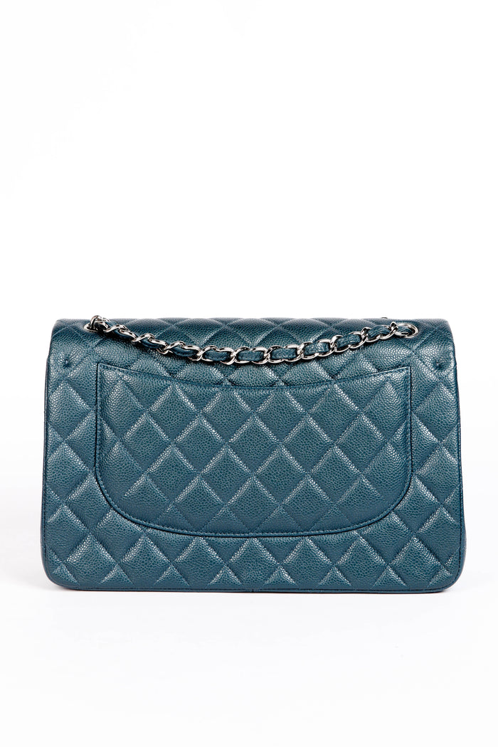 2010s Chanel Blue Caviar Leather Jumbo Double Flap Shoulder Bag