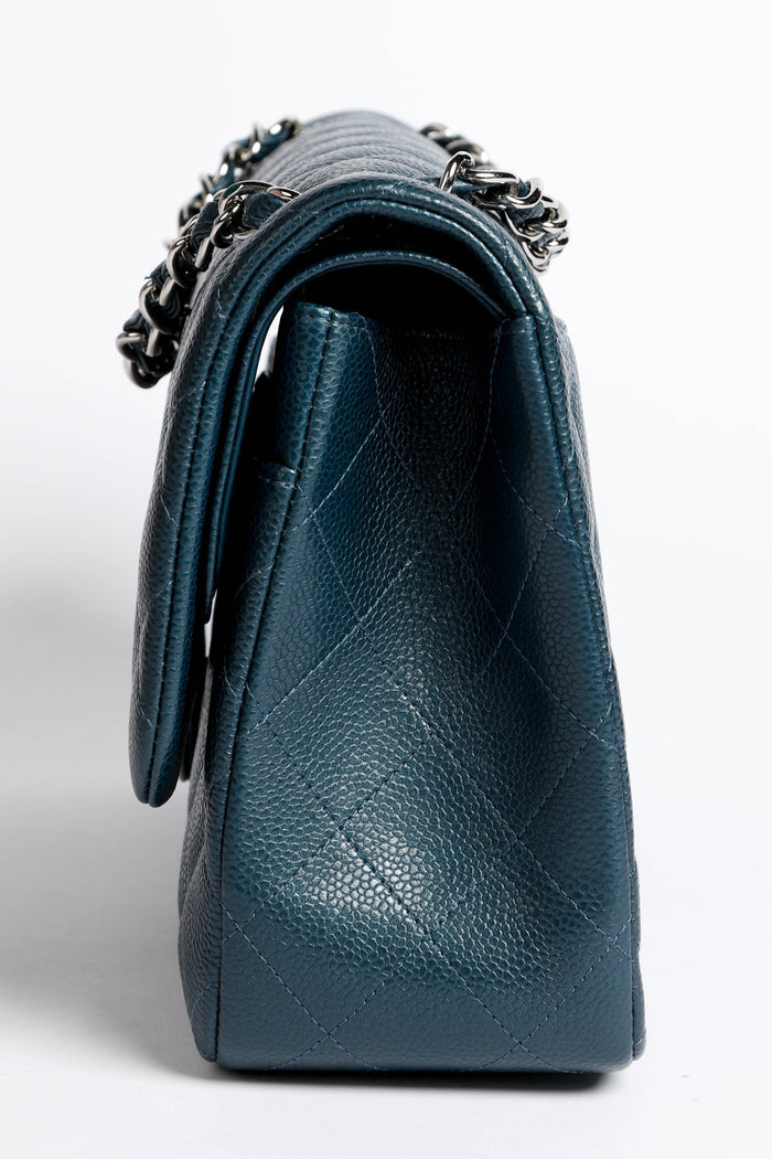 2010s Chanel Blue Caviar Leather Jumbo Double Flap Shoulder Bag