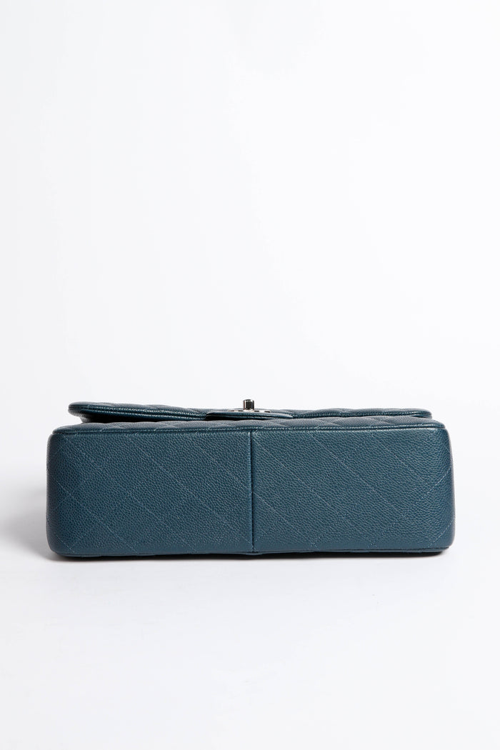 2010s Chanel Blue Caviar Leather Jumbo Double Flap Shoulder Bag