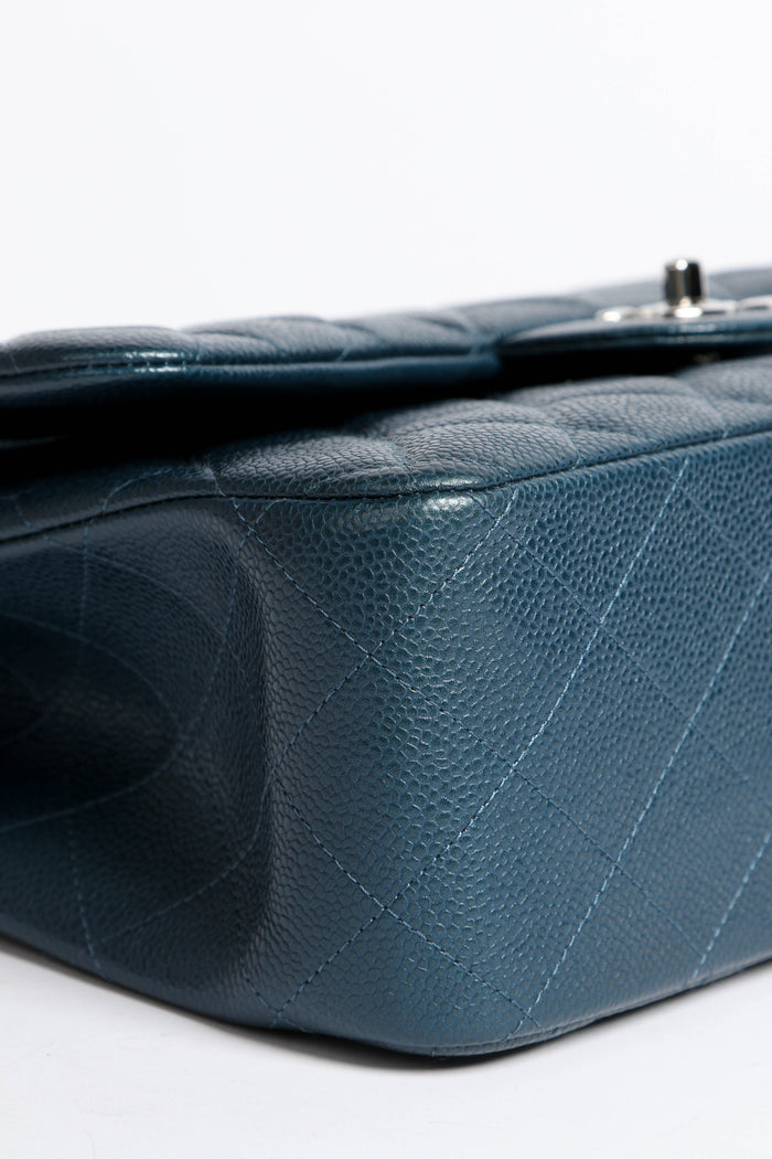 2010s Chanel Blue Caviar Leather Jumbo Double Flap Shoulder Bag
