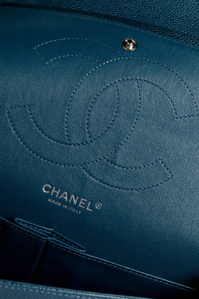 2010s Chanel Blue Caviar Leather Jumbo Double Flap Shoulder Bag