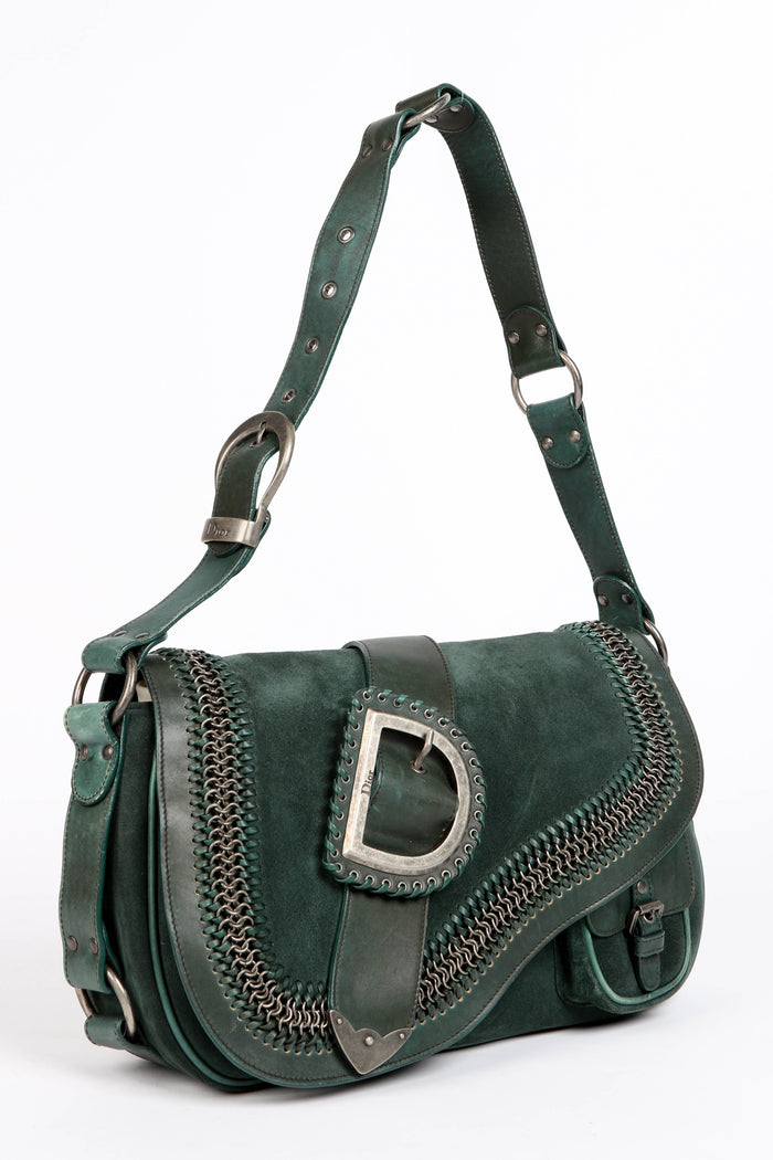 RARE Christian Dior Green Suede Gaucho Shoulder Bag