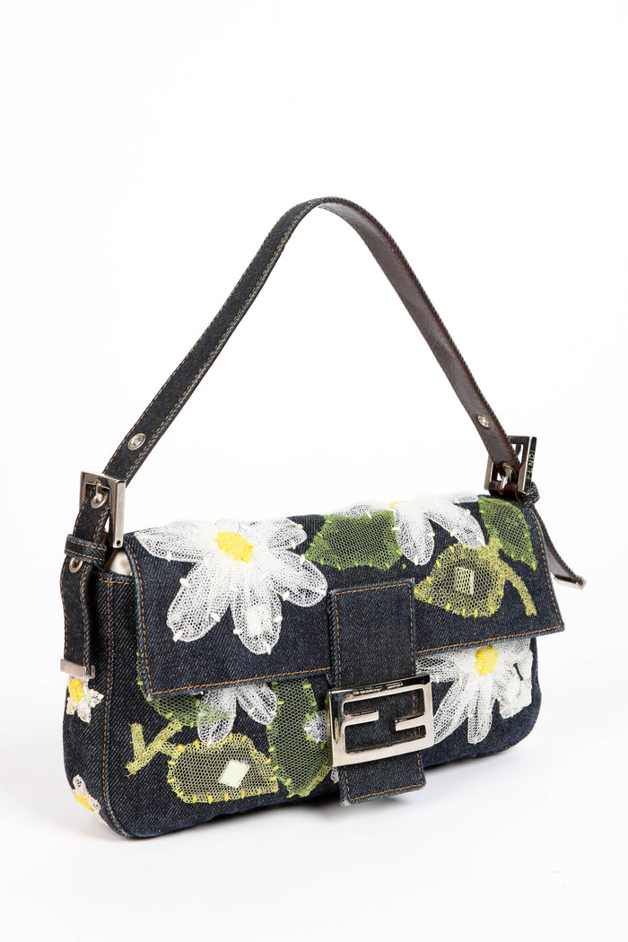 Vintage Fendi Denim Baguette with Mesh Flower Appliqué