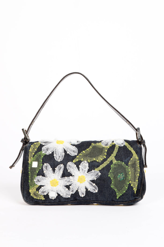 Vintage Fendi Denim Baguette with Mesh Flower Appliqué