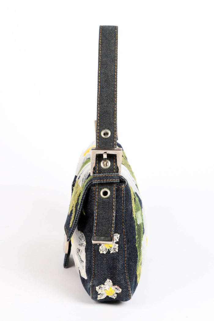 Vintage Fendi Denim Baguette with Mesh Flower Appliqué