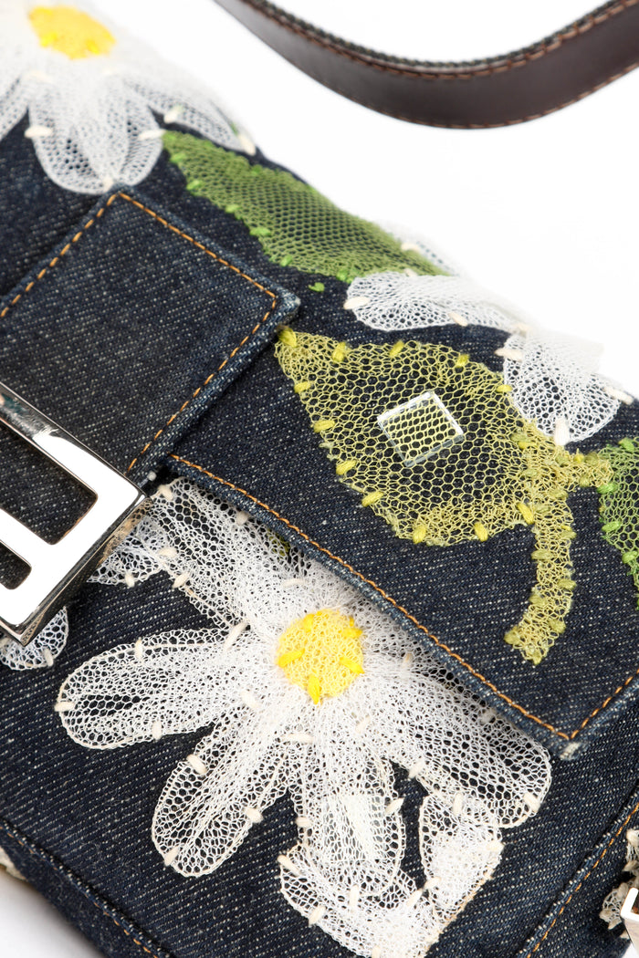 Vintage Fendi Denim Baguette with Mesh Flower Appliqué