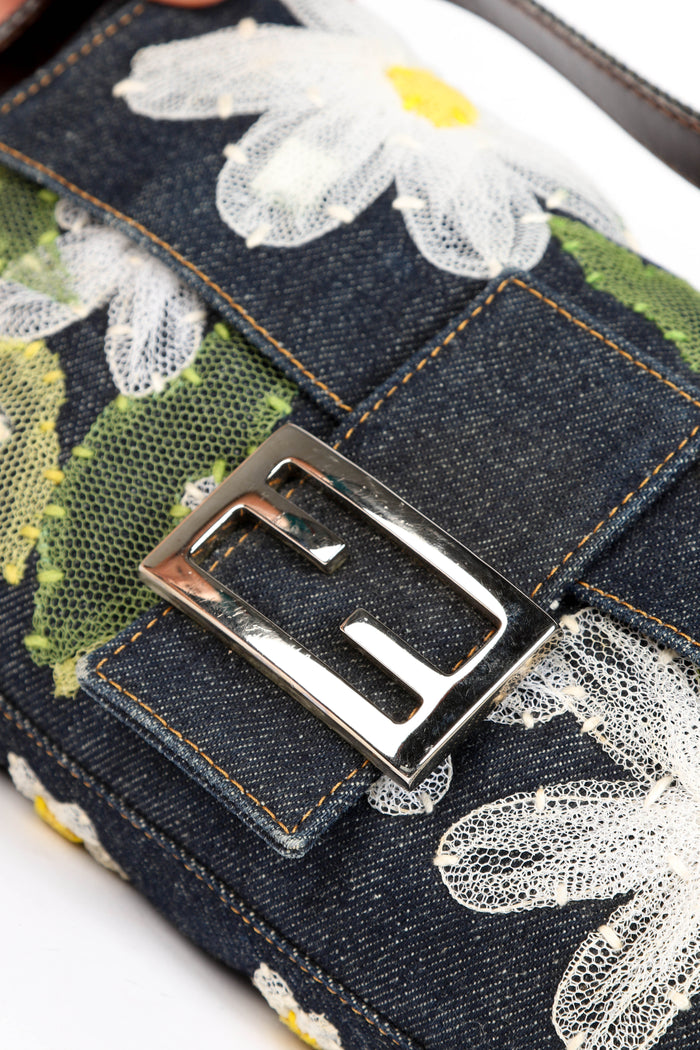 Vintage Fendi Denim Baguette with Mesh Flower Appliqué