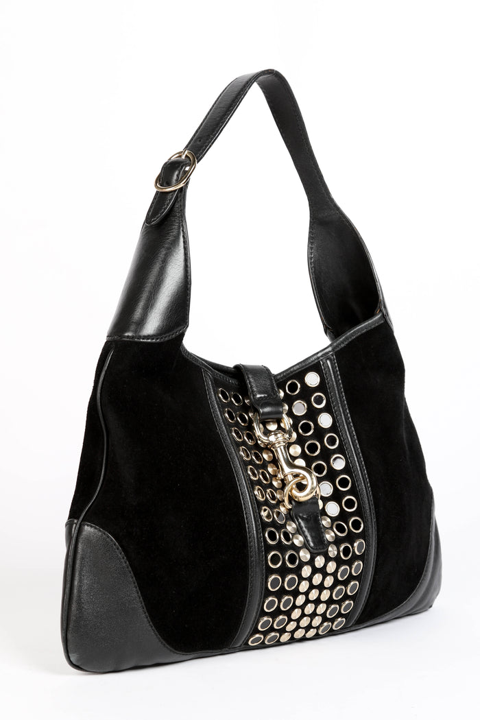 RARE Gucci Black Suede Stud Embellished Jackie Shoulder Bag