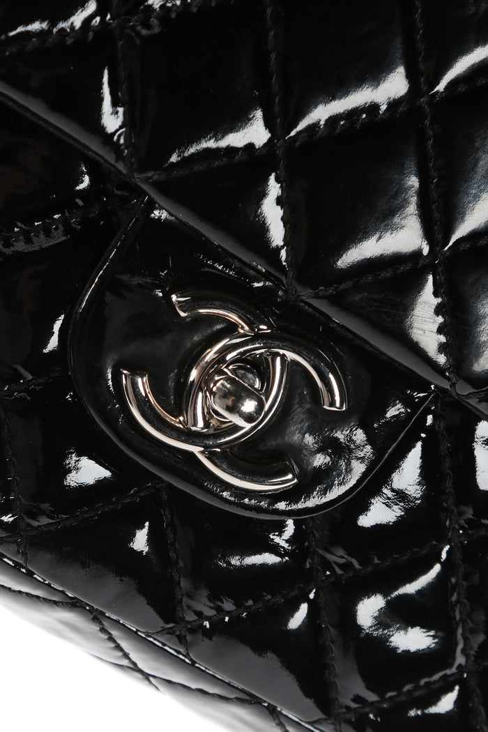 2000s Chanel Black Patent Leather Medium Double Flap Shoulder Bag